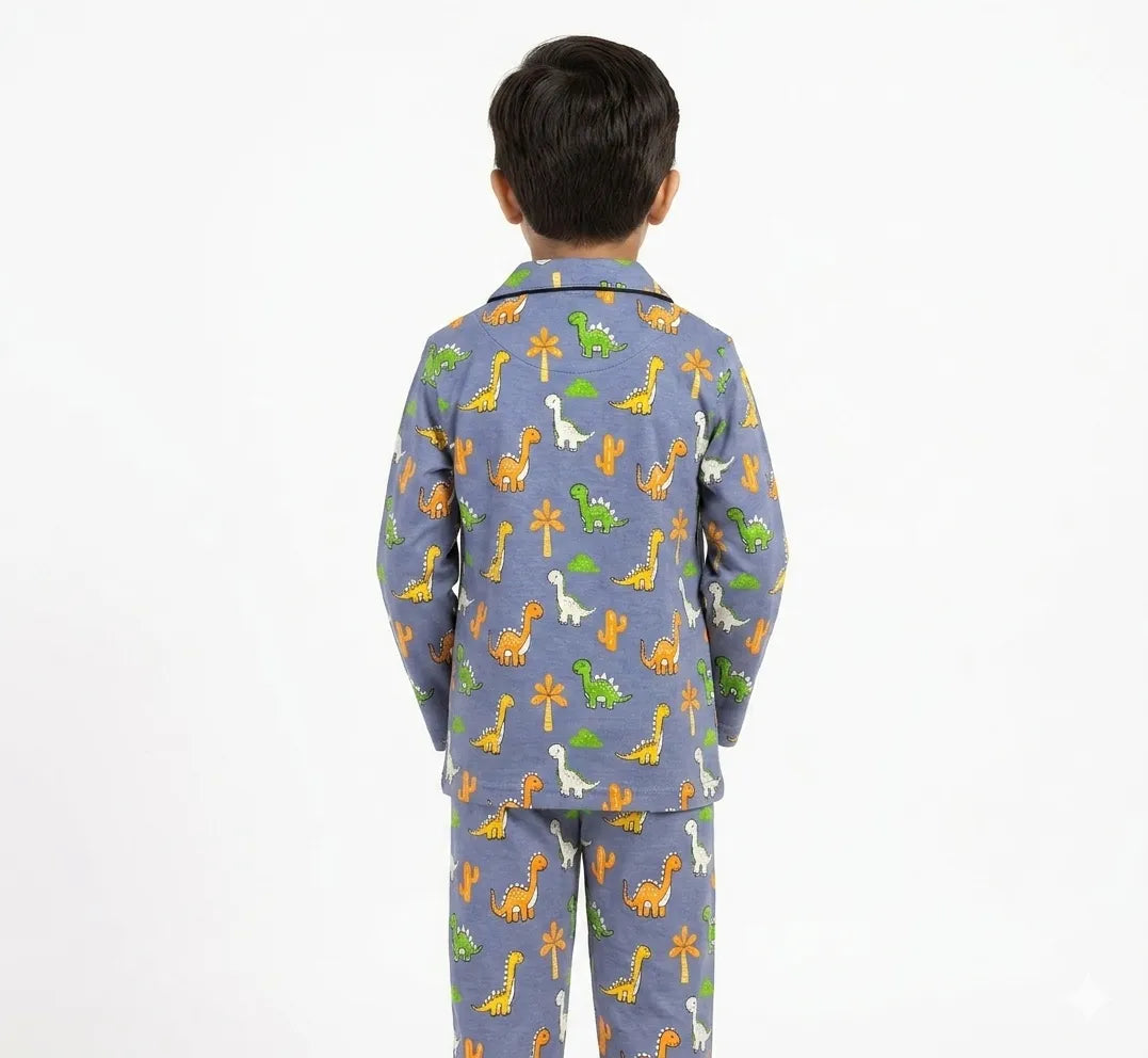 Blue Dinosaur print Full Sleeves cotton Night Suit- Kidley