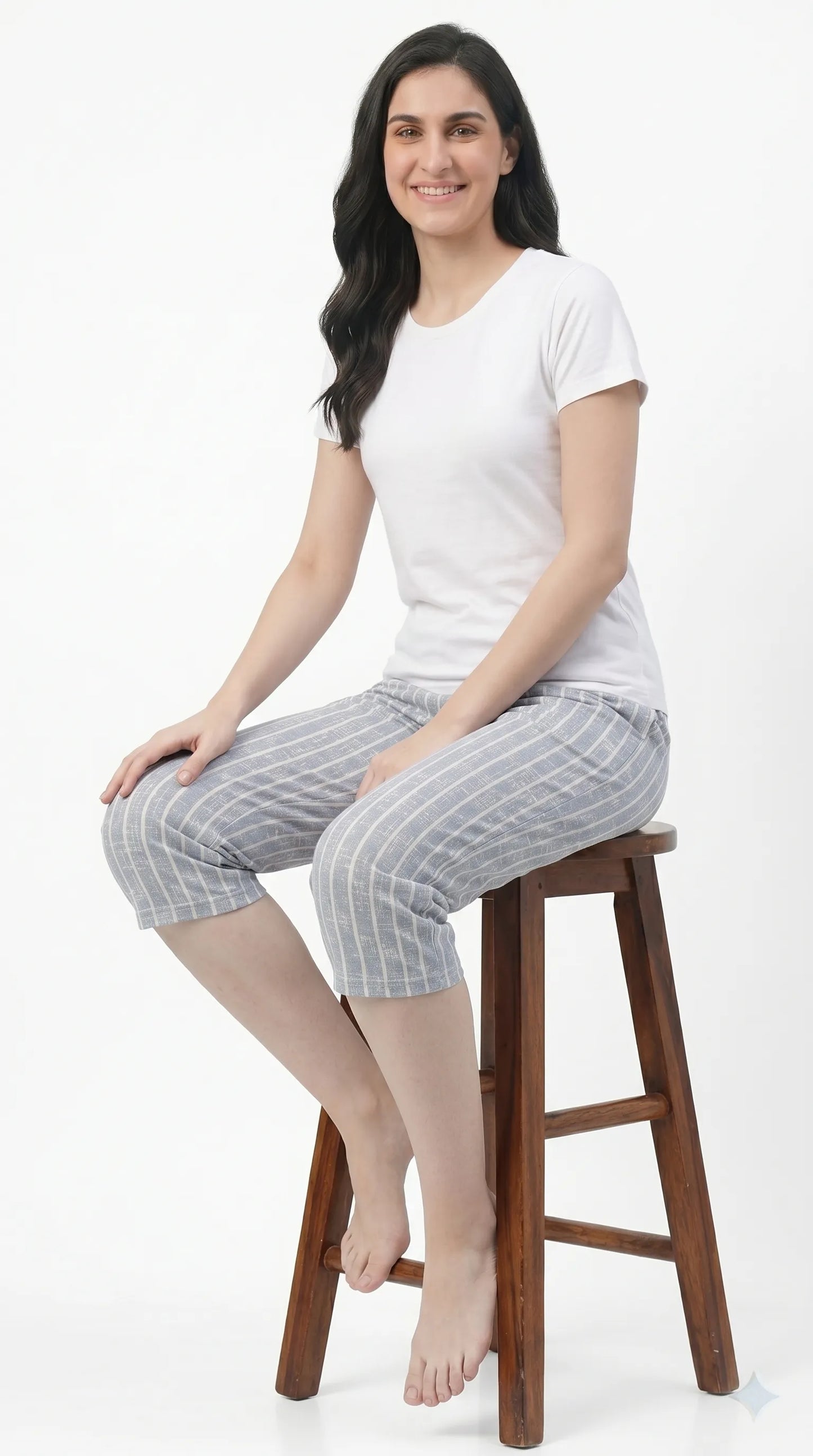 Sky Blue Striped Hosiery Cotton Capri for Women |Kidley