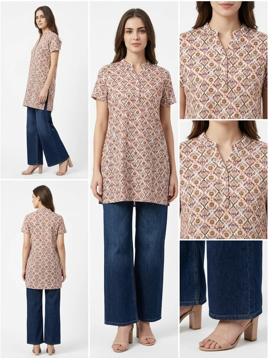 Orange multi floral Comfortable Cotton Short Kurti for Women | Kidley