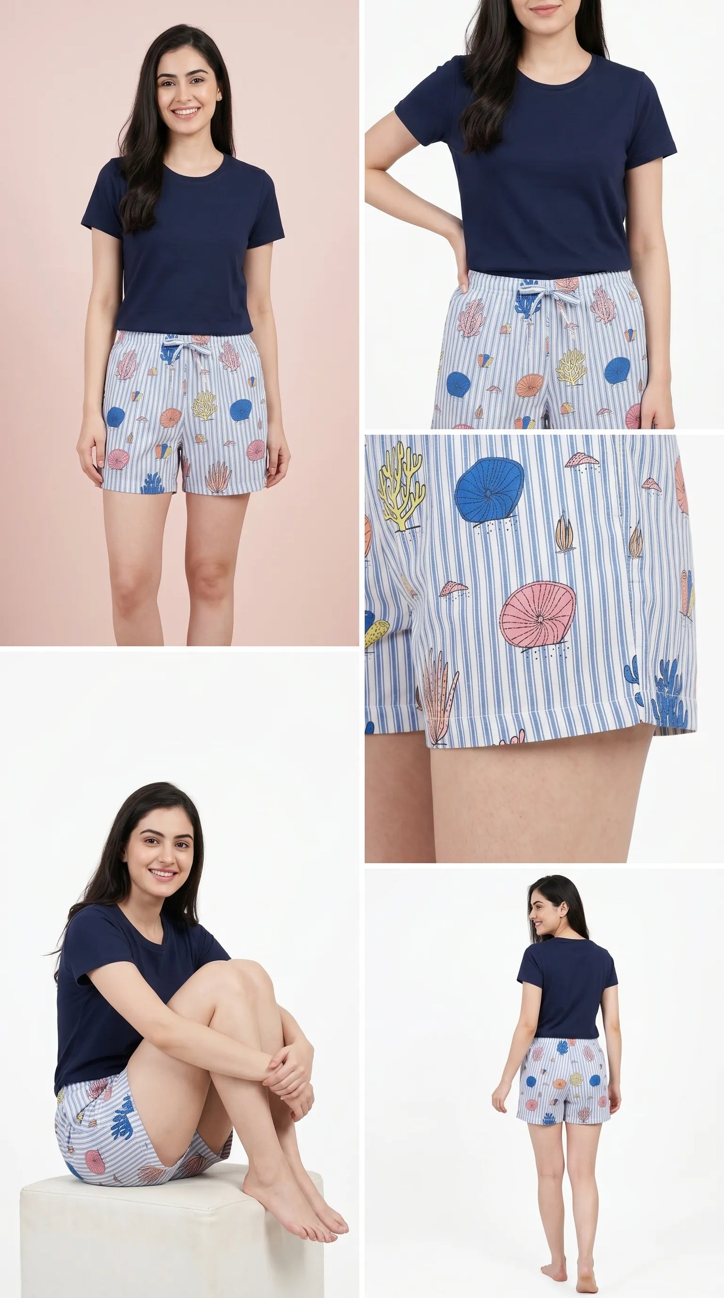 Sky Striped Printed Hosiery Cotton Shorts for Women | Ladies Summer & Night Shorts