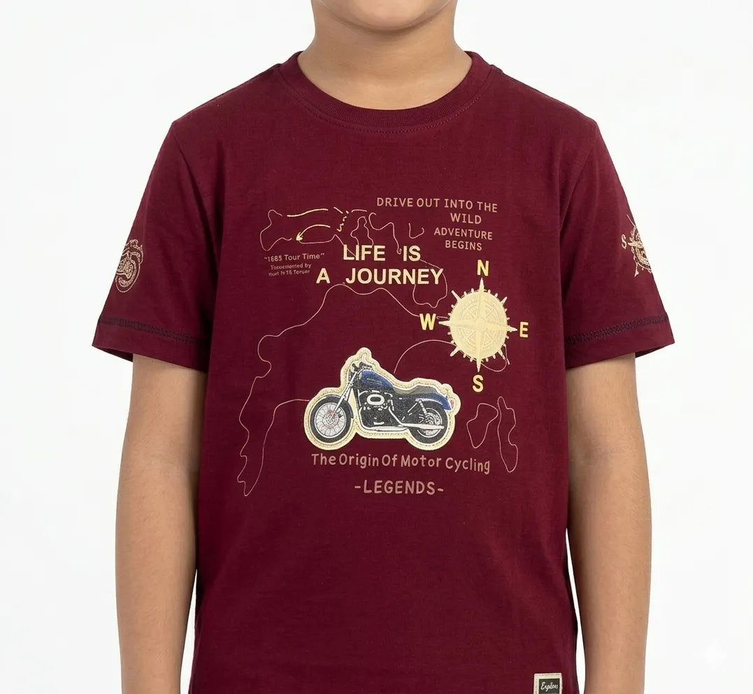 Maroon Trendy Printed Cotton Half Sleeve T-Shirt for Boys -Kidley