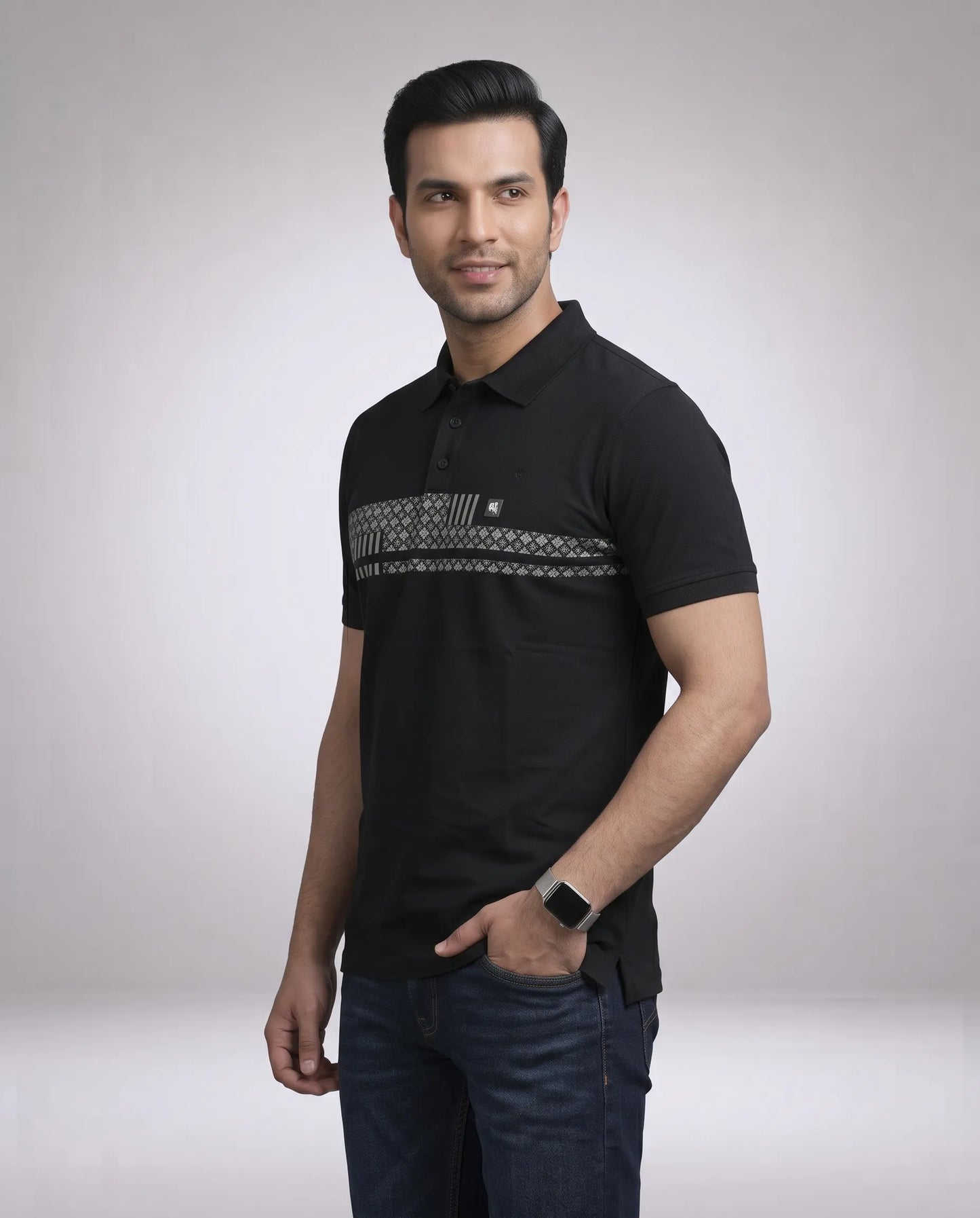 Black Printed Chest Polo T-Shirt for Men | Kidley
