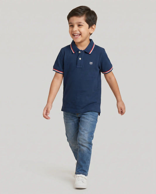 Navy blue tipped polo t-shirt for boys with white and red collar and cuffs - front view | Kidley