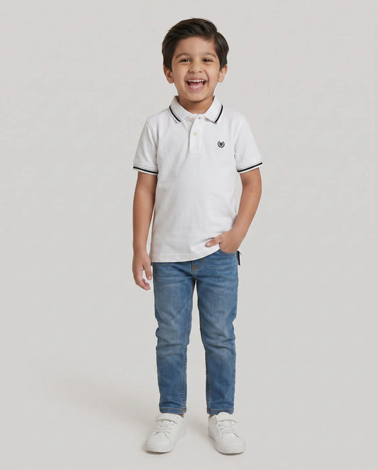 White tipped polo t-shirt for boys with black collar and cuffs - front view | Kidley