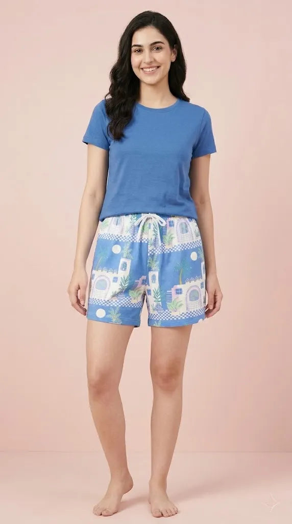 Sky blue printed high waisted bermuda shorts for women — front view on model
