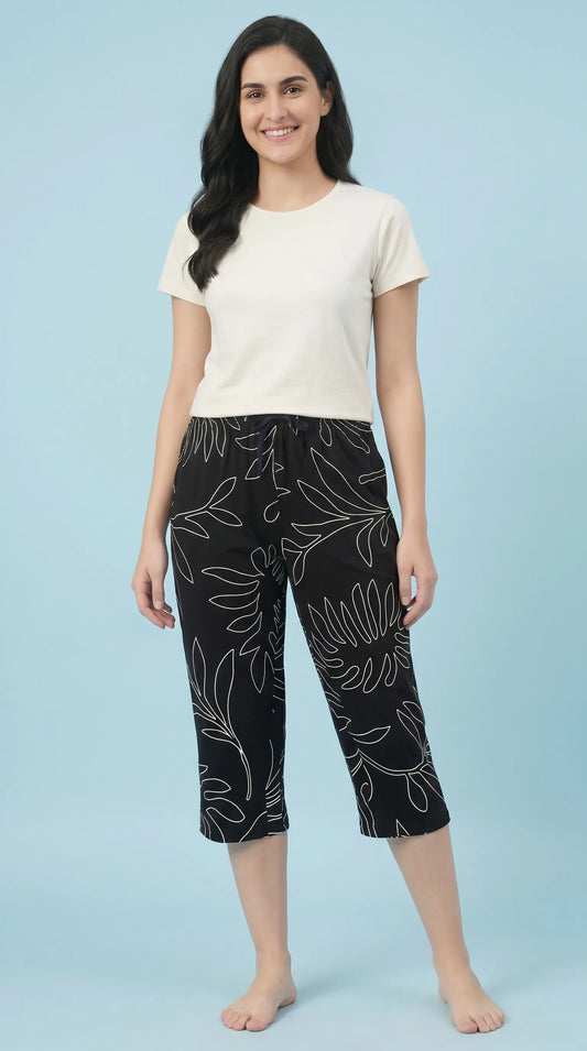 Black Floral printed Hosiery Cotton Capri for Women  |Kidley
