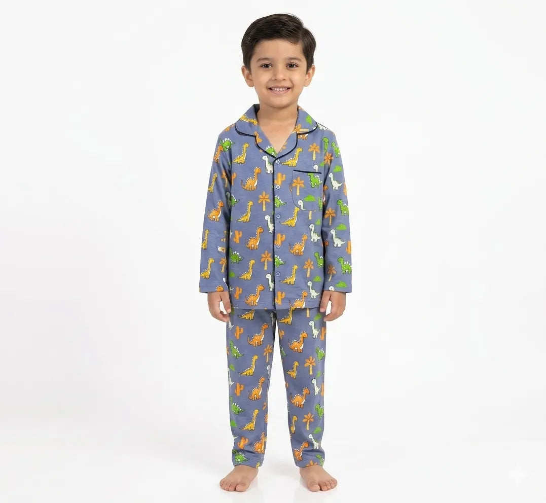 Blue Dinosaur print Full Sleeves cotton Night Suit- Kidley