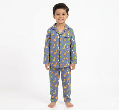 Blue Dinosaur print Full Sleeves cotton Night Suit- Kidley