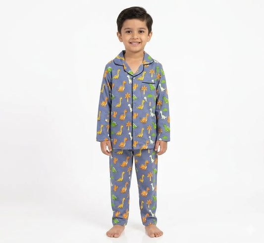 Blue Dinosaur print Full Sleeves cotton Night Suit- Kidley