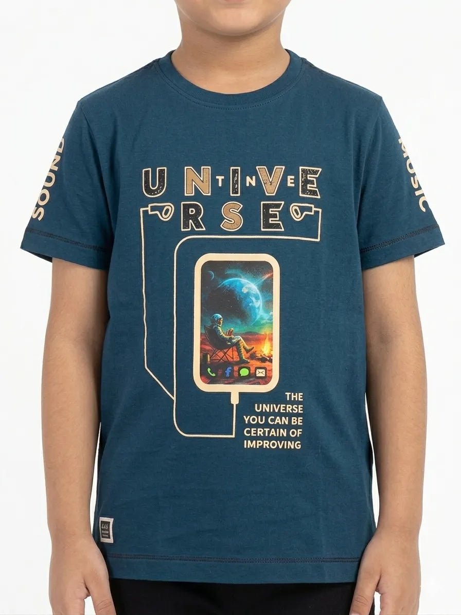 Teal blue Trendy Printed Cotton Half Sleeve T-Shirt for Boys -Kidley