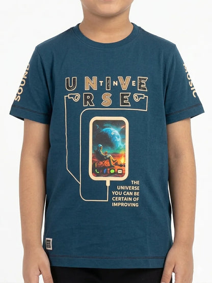 Teal blue Trendy Printed Cotton Half Sleeve T-Shirt for Boys -Kidley