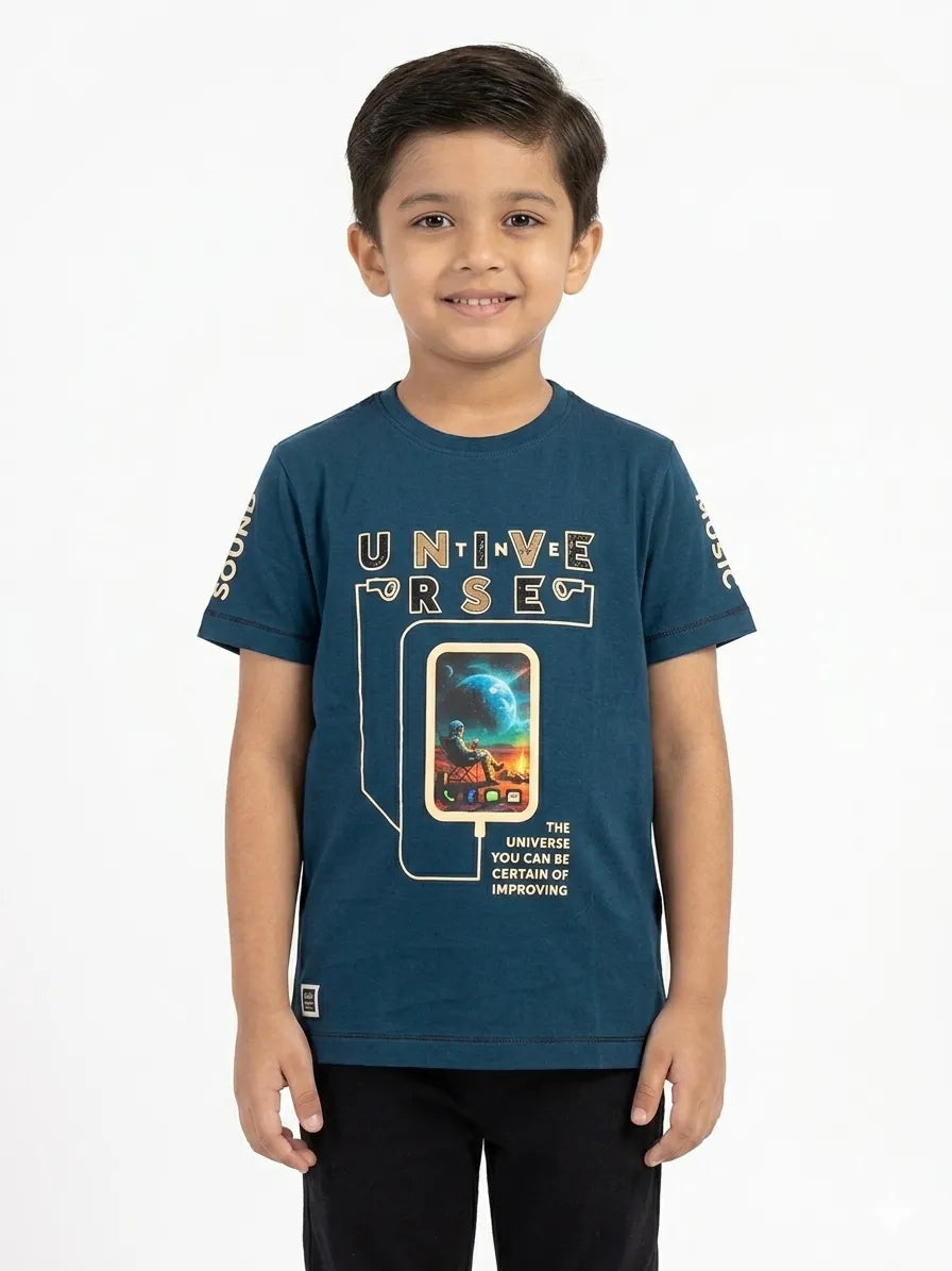 Teal blue Trendy Printed Cotton Half Sleeve T-Shirt for Boys -Kidley