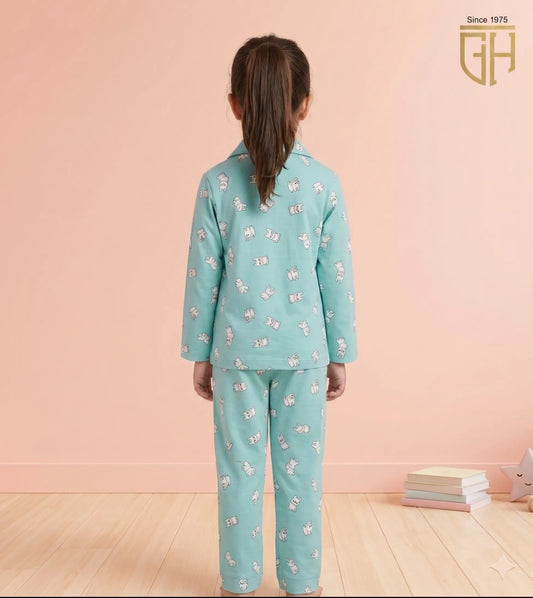 Sea green bunny print night suit fabric close-up - soft cotton sleepwear