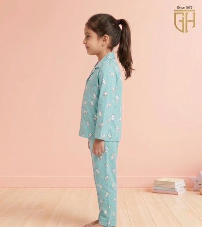 Bunny Print cute sea green night suit for girls