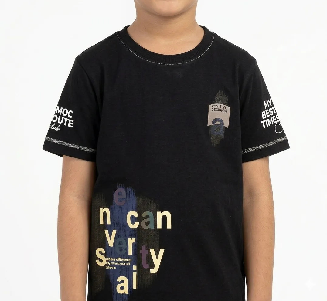 Boys 100% Cotton Regular Fit black Half Sleeve Printed T-Shirts -Kidley