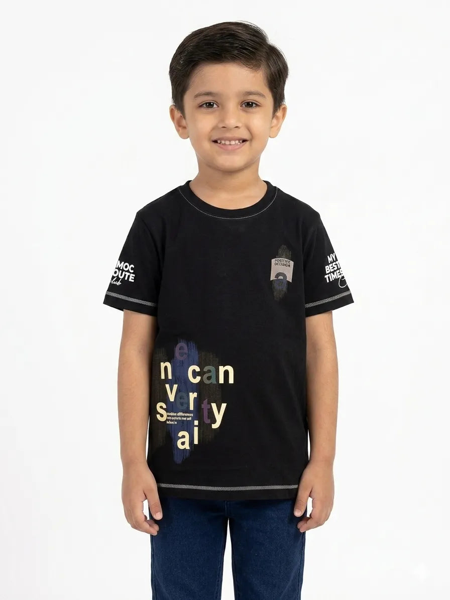 Boys 100% Cotton Regular Fit black Half Sleeve Printed T-Shirts -Kidley