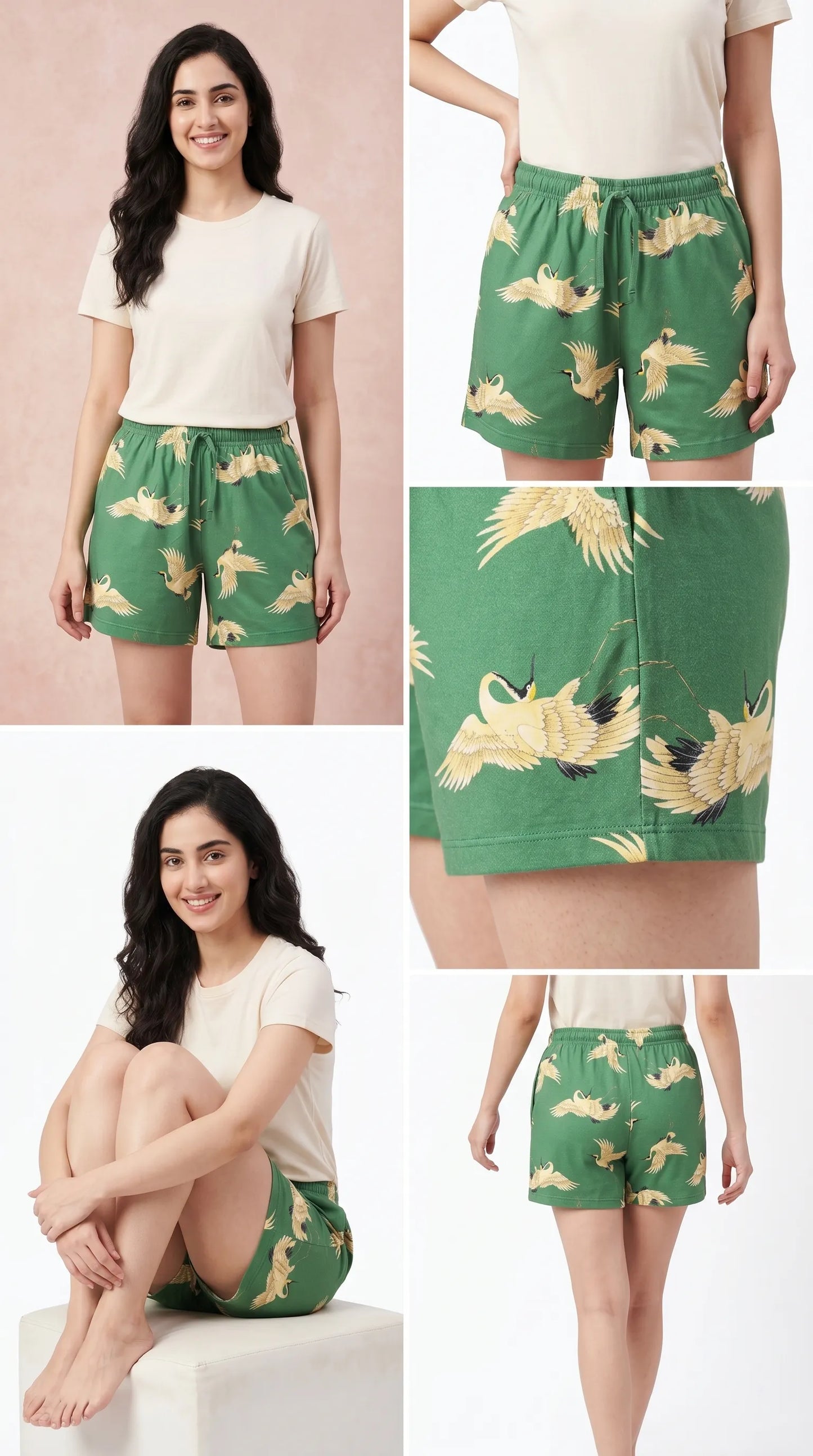Green Animal Printed Cotton Shorts for Women | Summer Shorts