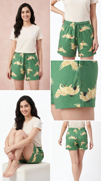 Green Animal Printed Cotton Shorts for Women | Summer Shorts