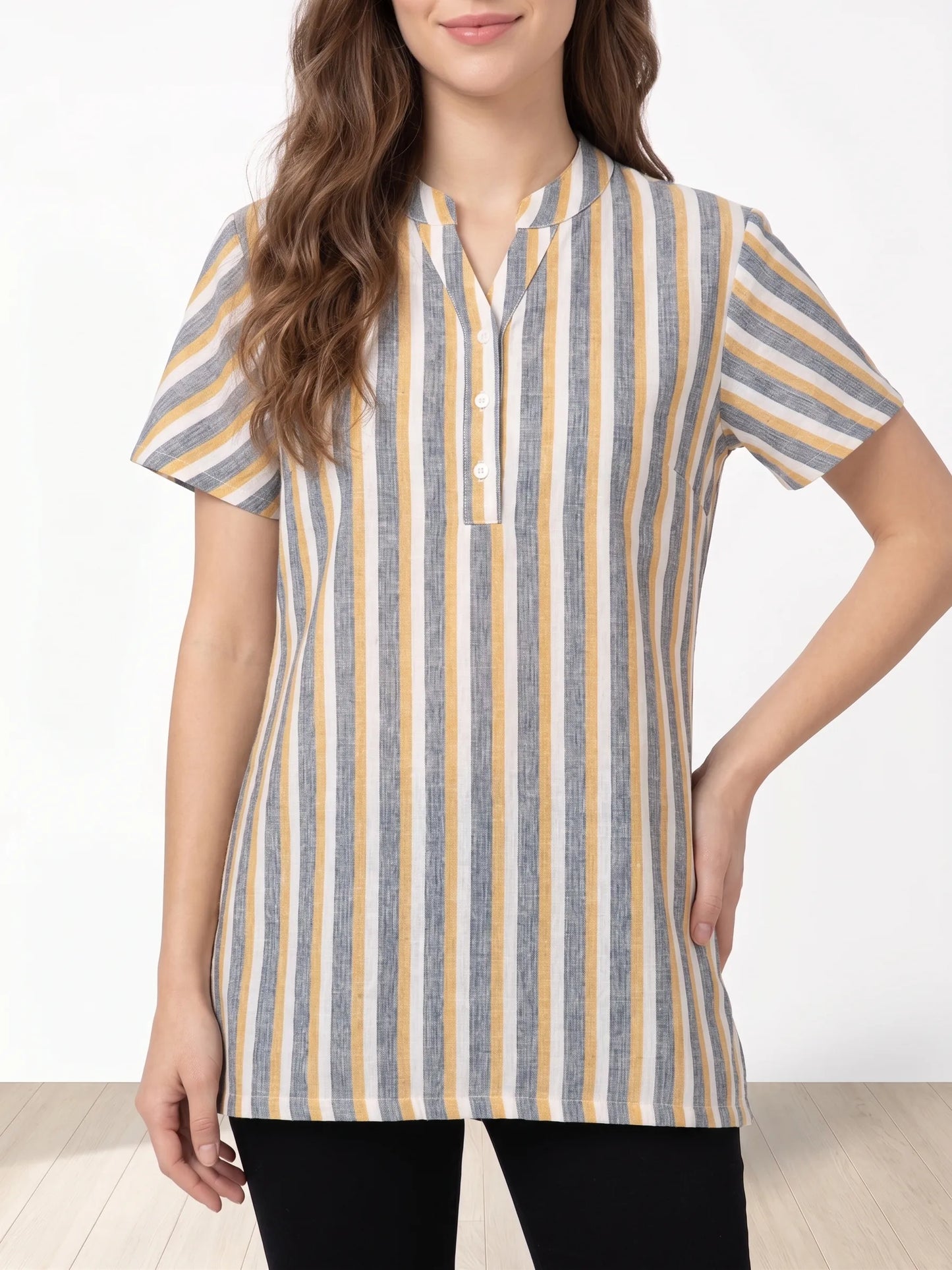 Multi-coloured  Striped mandarin collar Tunic for Women |Kidley