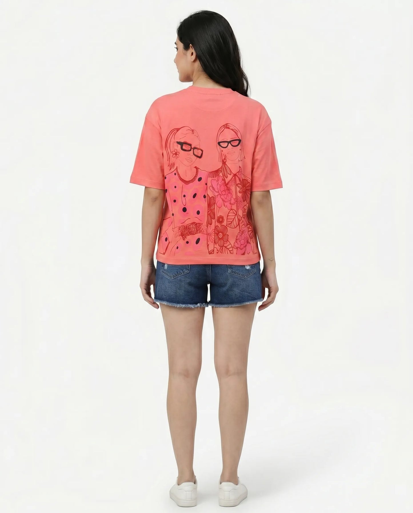 Peach oversize back printed t-shirts for women- Kidley