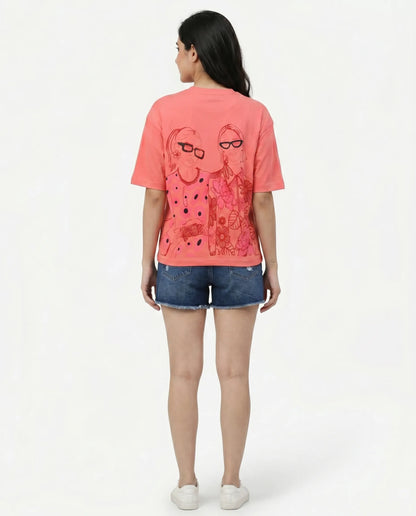 Peach oversize back printed t-shirts for women- Kidley