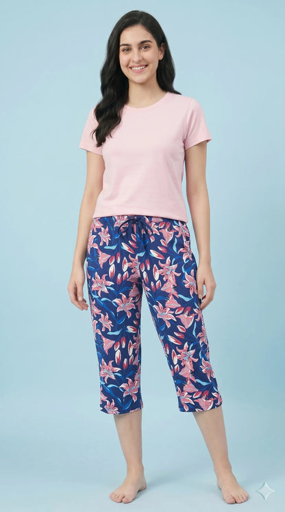 Royal Blue floral Printed Capri with Elastic Waist |Kidley