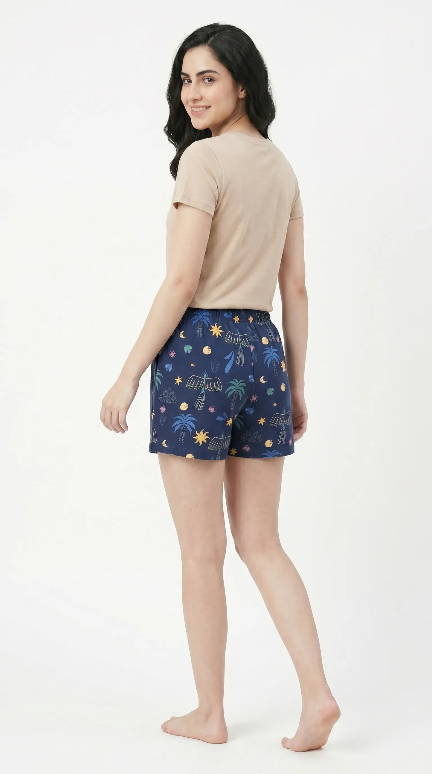 Women's Blue Printed Cotton Hosiery Shorts | Kidely