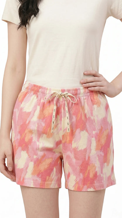 Elastic waistband detail of cute pink lounge shorts for women — hosiery cotton fabric

