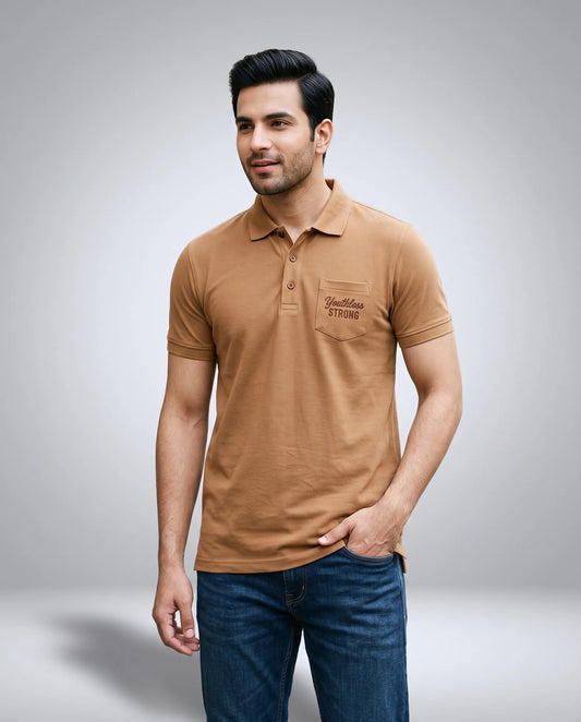 Fawn golden mercerized cotton polo t-shirt for men - front view | Kidley