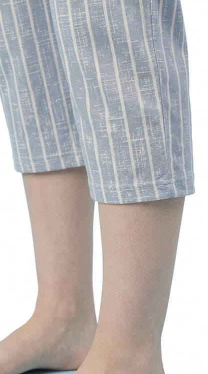 Sky Blue Striped Hosiery Cotton Capri for Women  |Kidley