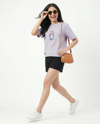Lilac purple oversize back printed t-shirts for women- Kidley