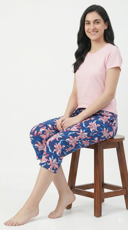 Royal Blue floral Printed Capri with Elastic Waist |Kidley