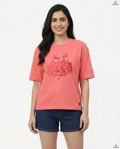 Peach oversize back printed t-shirts for women- Kidley