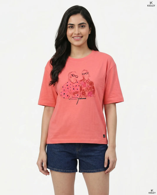 Peach oversize back printed t-shirts for women- Kidley