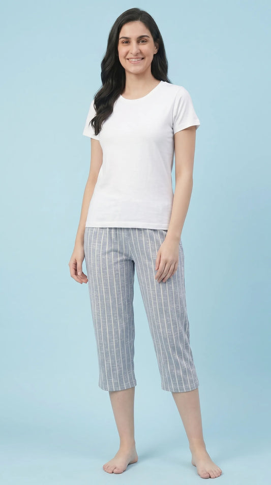 Sky Blue Striped Hosiery Cotton Capri for Women  |Kidley