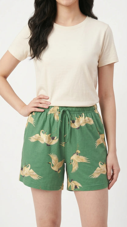 Green Animal Printed Cotton Shorts for Women | Summer Shorts