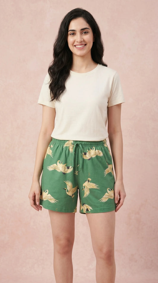 Green Animal Printed Cotton Shorts for Women | Summer Shorts
