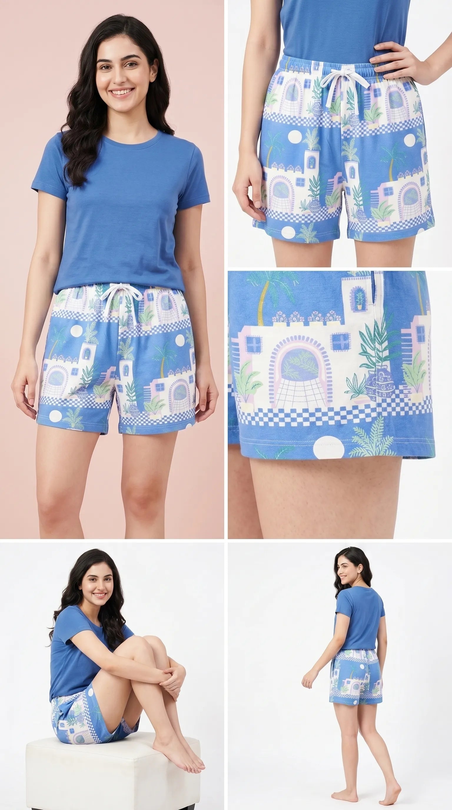 Flat lay of sky blue printed hosiery cotton gym shorts for women — night & lounge shorts
