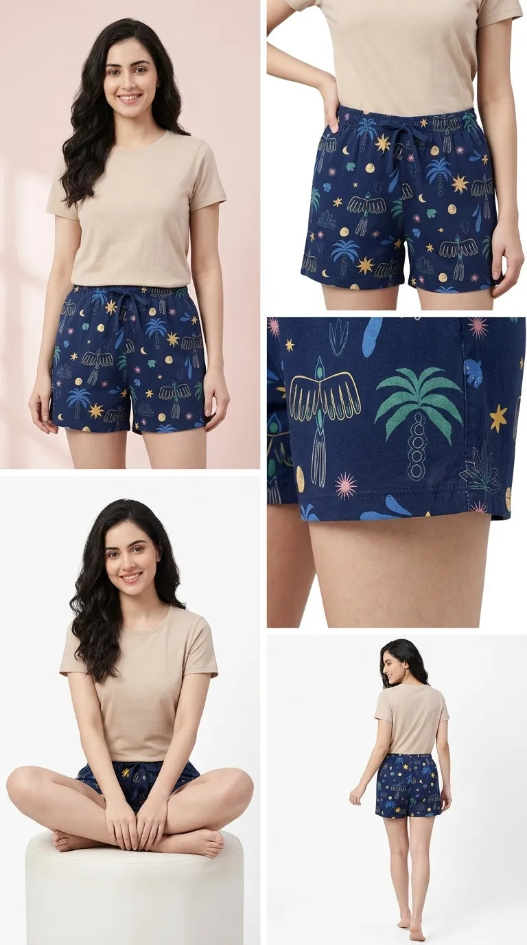 Women's Blue Printed Cotton Hosiery Shorts | Kidely