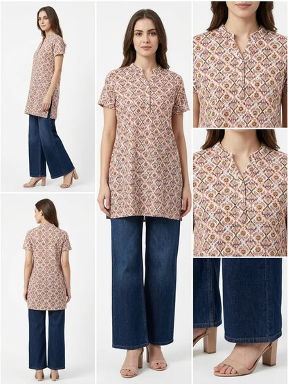 Orange multi floral Comfortable Cotton Short Kurti  for Women | Kidley