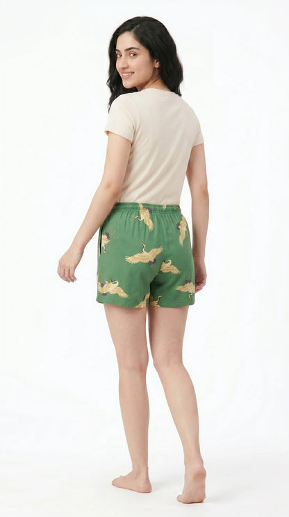 Green Animal Printed Cotton Shorts for Women | Summer Shorts