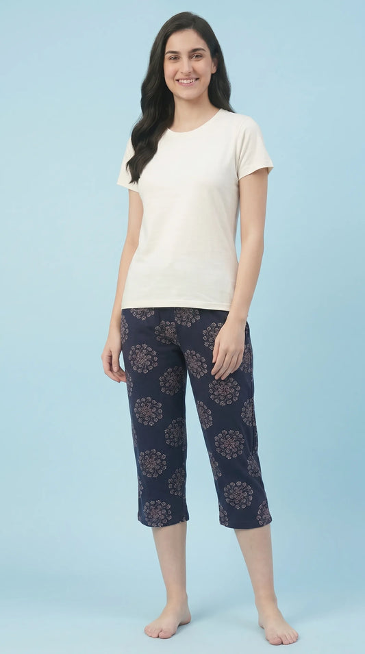 Navy Blue floral printed Hosiery Cotton Capri for Women |Kidley