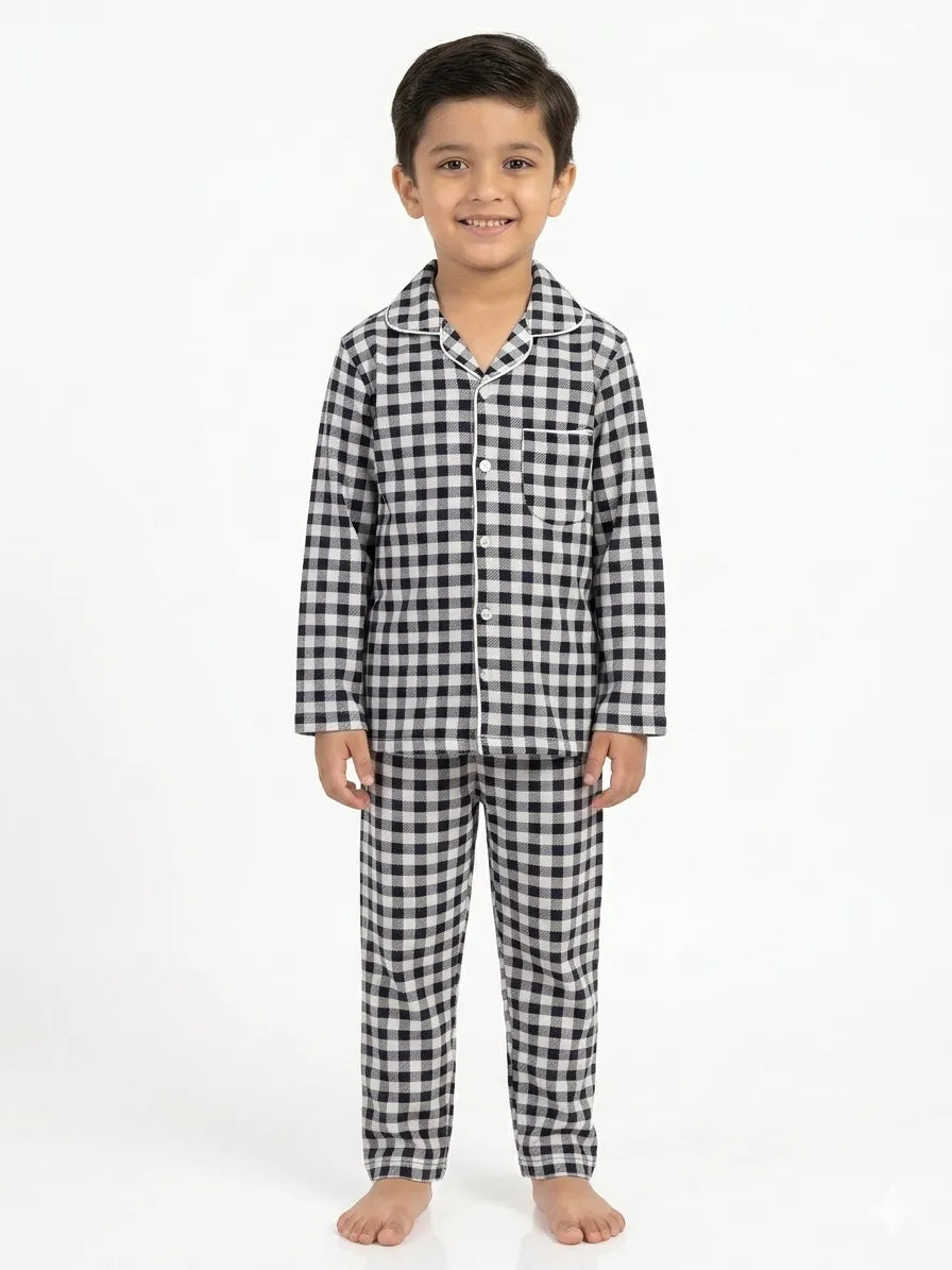 Black and White Checks Full Sleeves Night Suit/Sleep Wear for Boys & Girls in 100% Cotton - Kidley