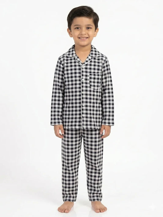 Black and White Checks Full Sleeves Night Suit/Sleep Wear for Boys & Girls in 100% Cotton - Kidley