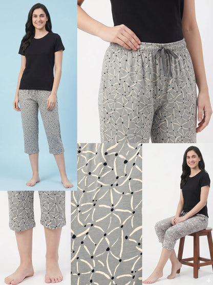 Sage green printed Hosiery Cotton Capri for Women | Kidley