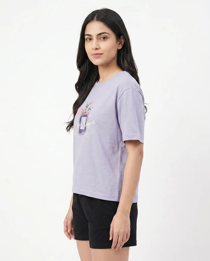 Lilac purple oversize back printed t-shirts for women- Kidley
