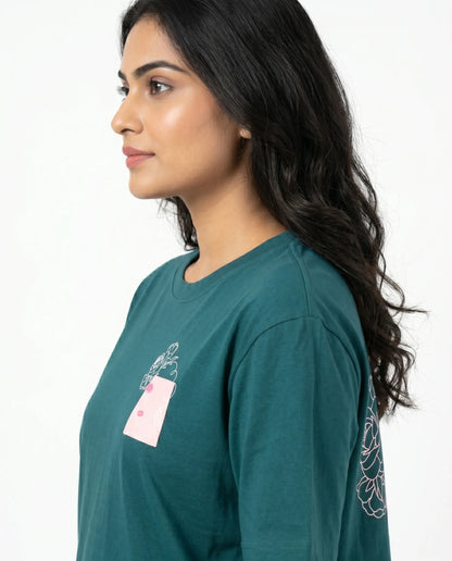 Rama green oversize back printed t-shirts for women- Kidley