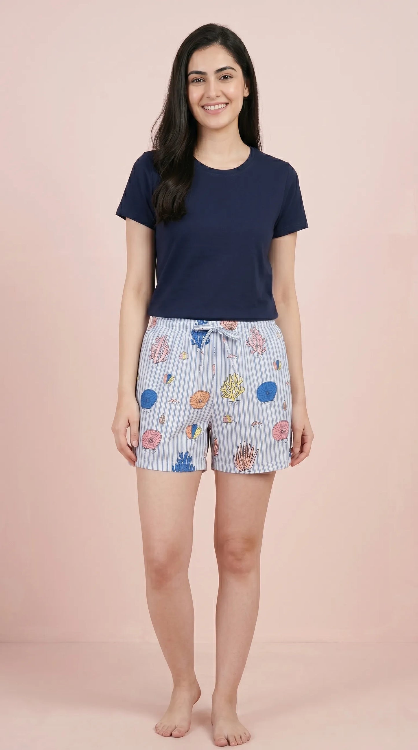 Sky Striped Printed Hosiery Cotton Shorts for Women | Ladies Summer & Night Shorts