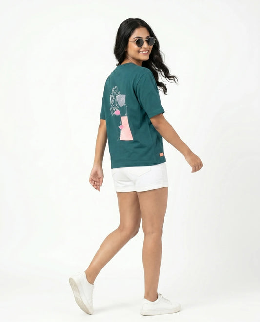 Rama green oversize back printed t-shirts for women- Kidley