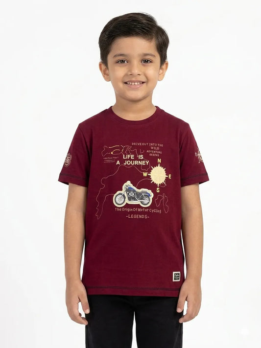 Maroon Trendy Printed Cotton Half Sleeve T-Shirt for Boys -Kidley
